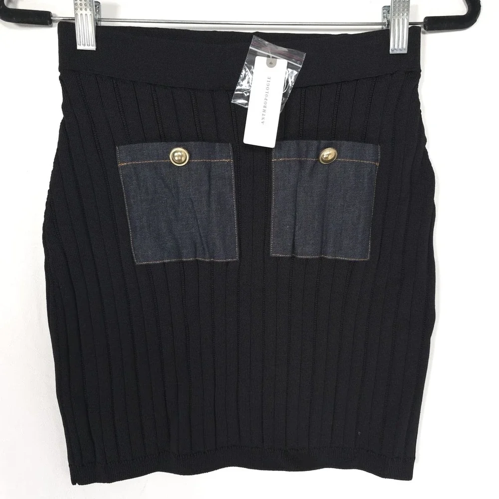 ANTHROPOLOGIE MAEVE Women's New SMALL Denim Pocket Knit Mini Skirt Black 4120